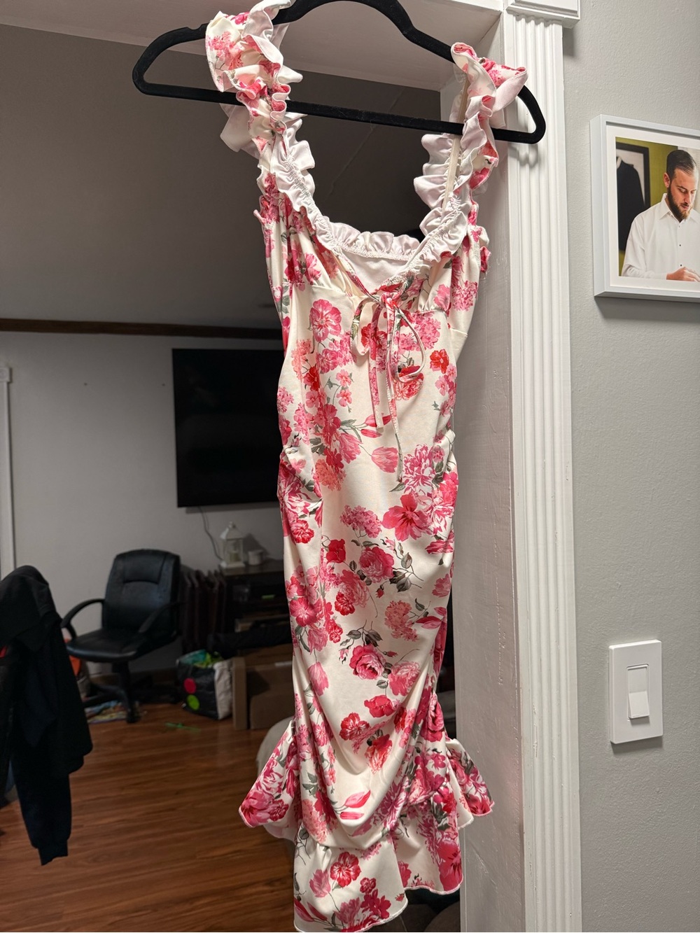 SHEIN Cream Midi Dress with Pink Floral Ruffles